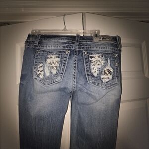 Miss Me Blue Skinny Jeans with Distressing and Contrast Stitching